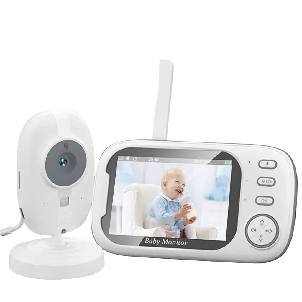White 3.5-inch LCD baby monitor with night vision, two-way audio, and temperature sensor.