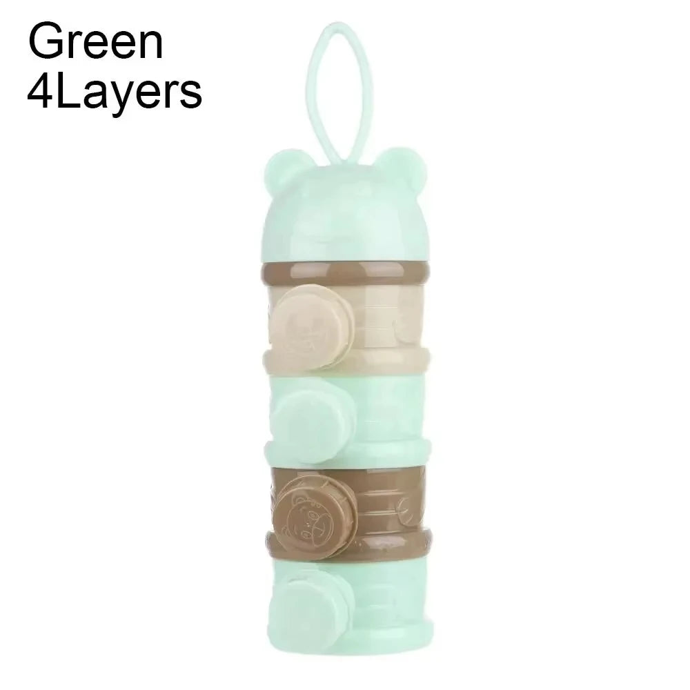 Green 4-layer portable baby formula and snack dispenser with bear-ear top and carry handle.