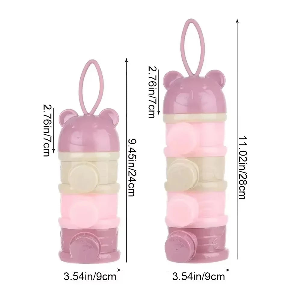 Pink and beige modular baby formula dispenser with bear ears, available in 3 or 4 stackable layers.