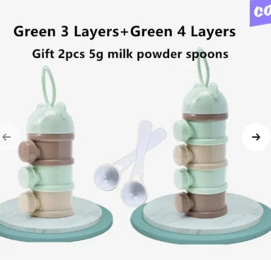 Green 3 and 4-layer portable baby formula dispensers with carrying loops and two white spoons.