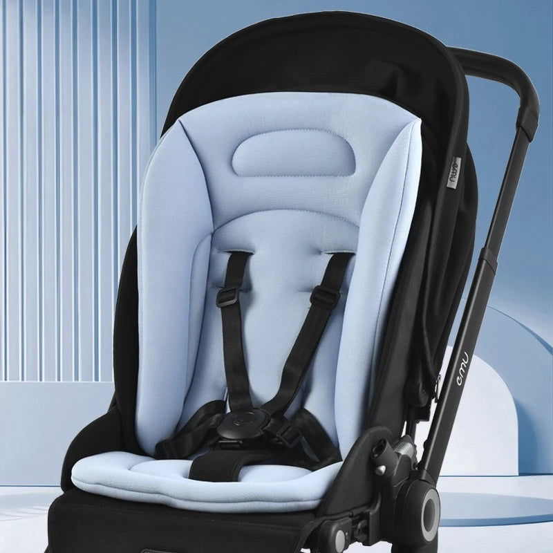 Light blue universal breathable cotton stroller mattress with black straps in a black stroller.