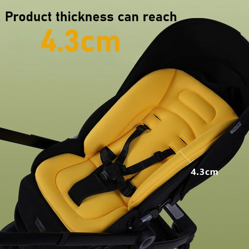Yellow universal breathable cotton stroller mattress, 4.3cm thick, with black harness.
