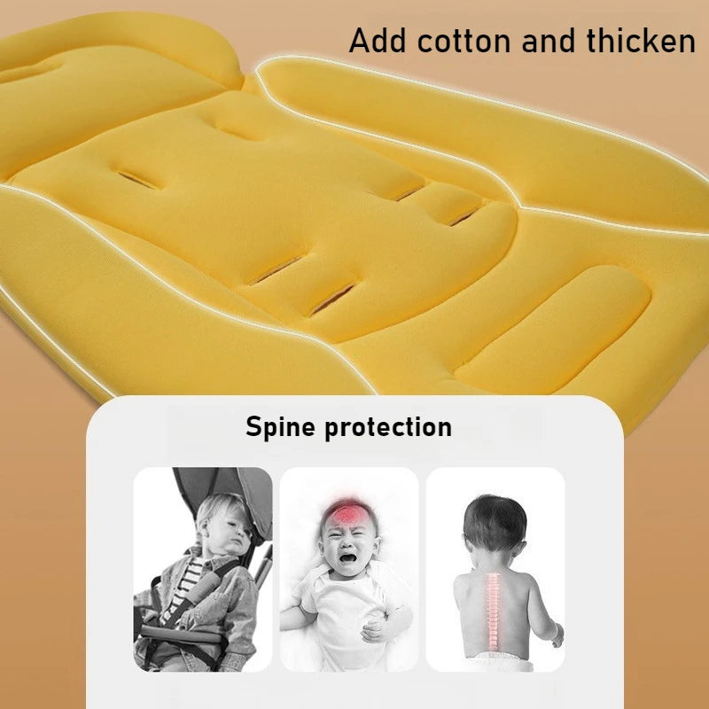 Yellow universal cotton baby stroller mattress with breathable padding and spine protection.