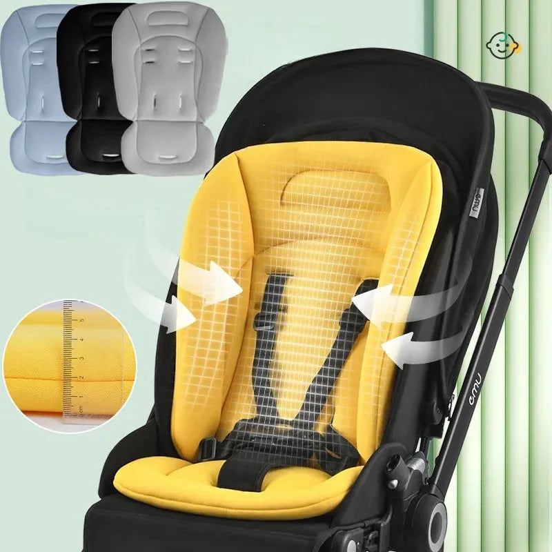 Yellow breathable cotton universal stroller cushion with harness slots, shown with blue, black, and gray options.