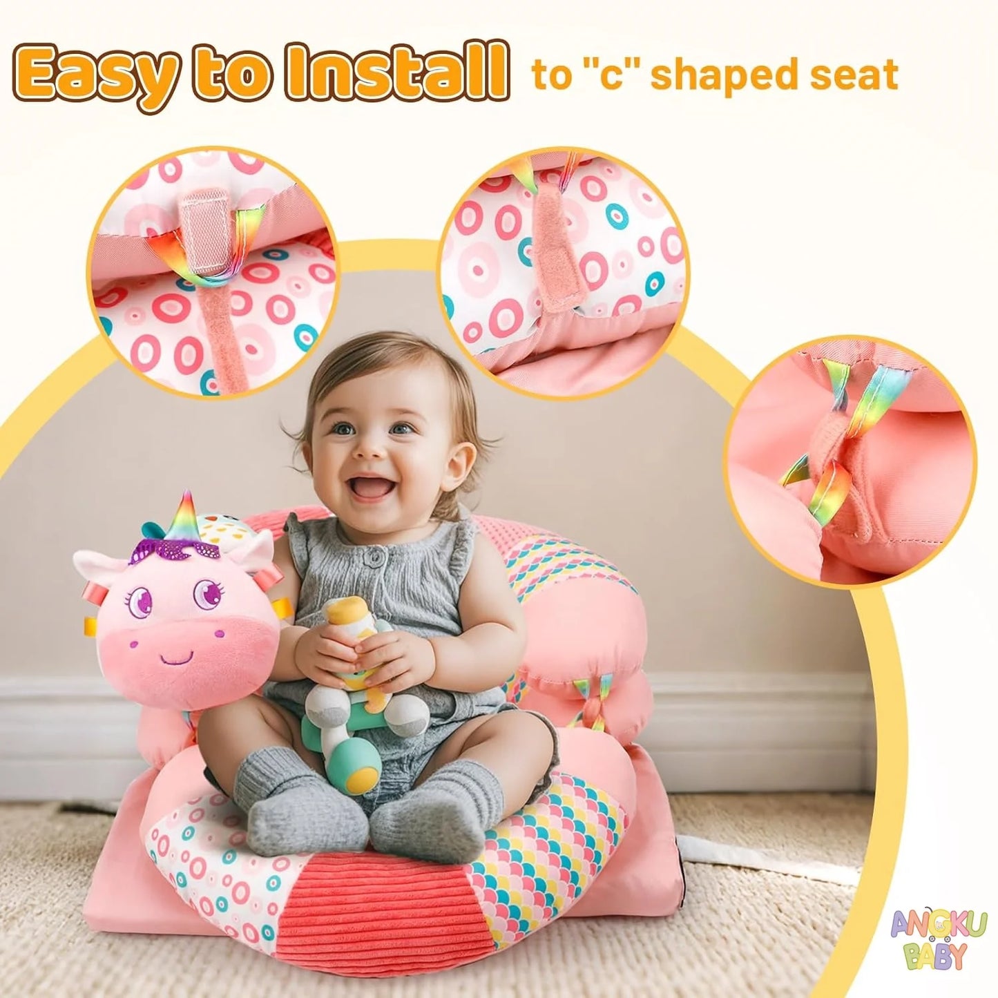 Happy baby in a pink 3-in-1 activity mat with unicorn toy, showing easy installation.