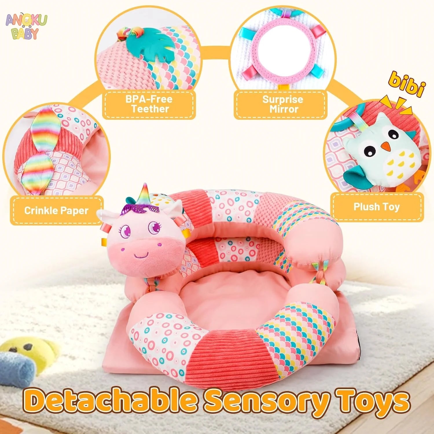 Pink baby activity mat with unicorn head, detachable teether, mirror, crinkle paper, and owl plush toy.