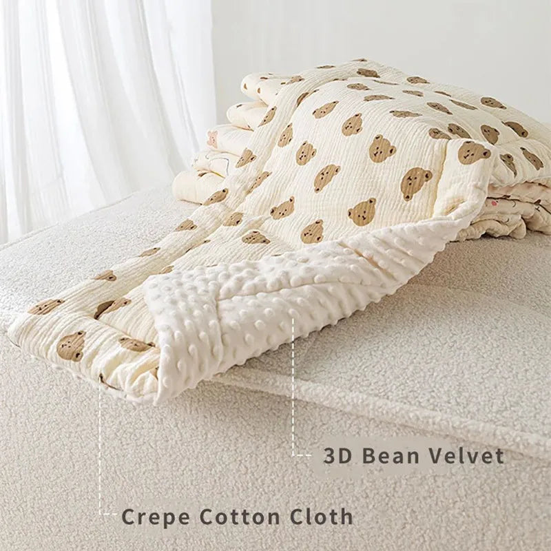 Soft beige baby stroller mattress with brown bear print on crepe cotton and 3D bean velvet backing.
