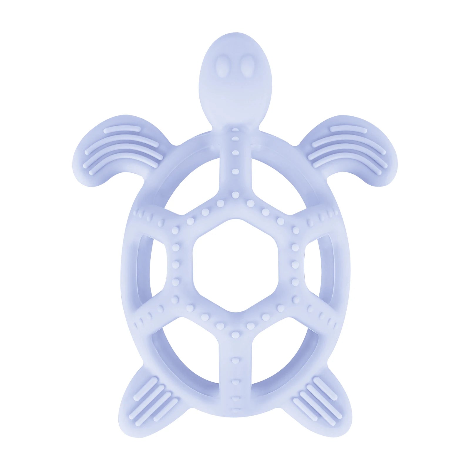 Light blue silicone turtle teether with textured fins and shell for soothing baby gums.