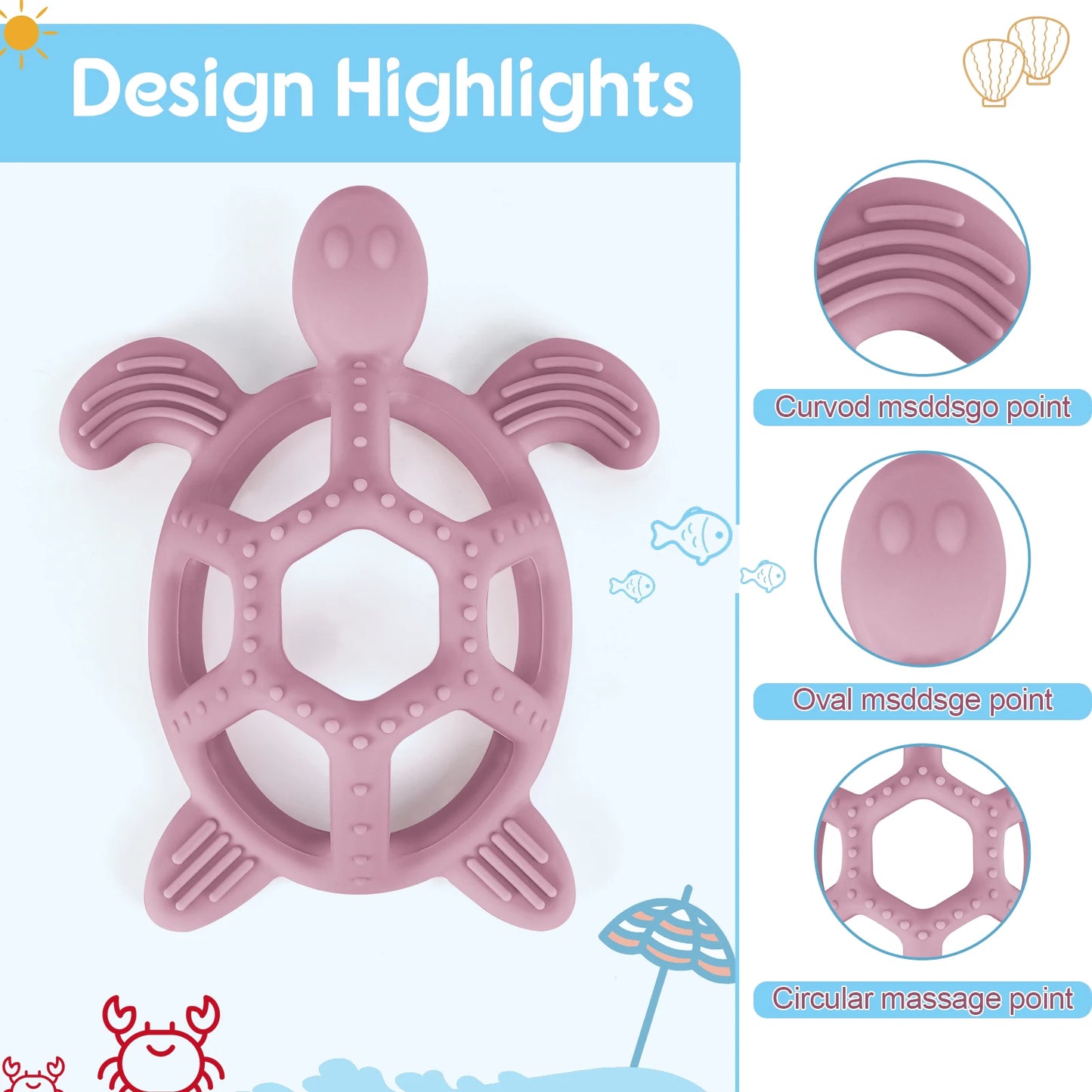 Pink silicone turtle baby teether with textured massage points for soothing gums.