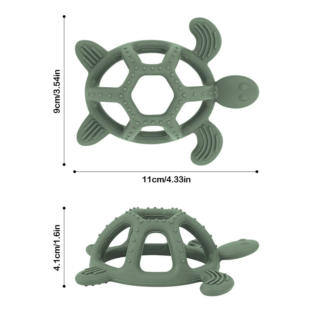 Green silicone turtle baby teether with textured surface and dimensions for soothing gums.