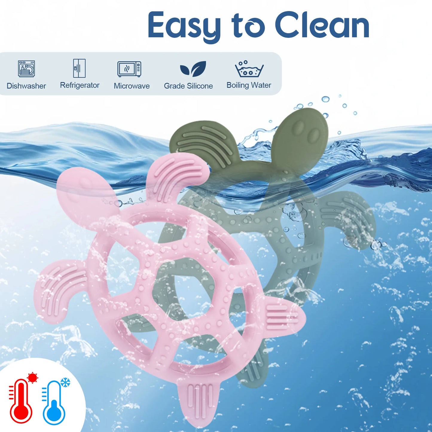 Pink and green silicone turtle teethers in water, highlighting easy cleaning.
