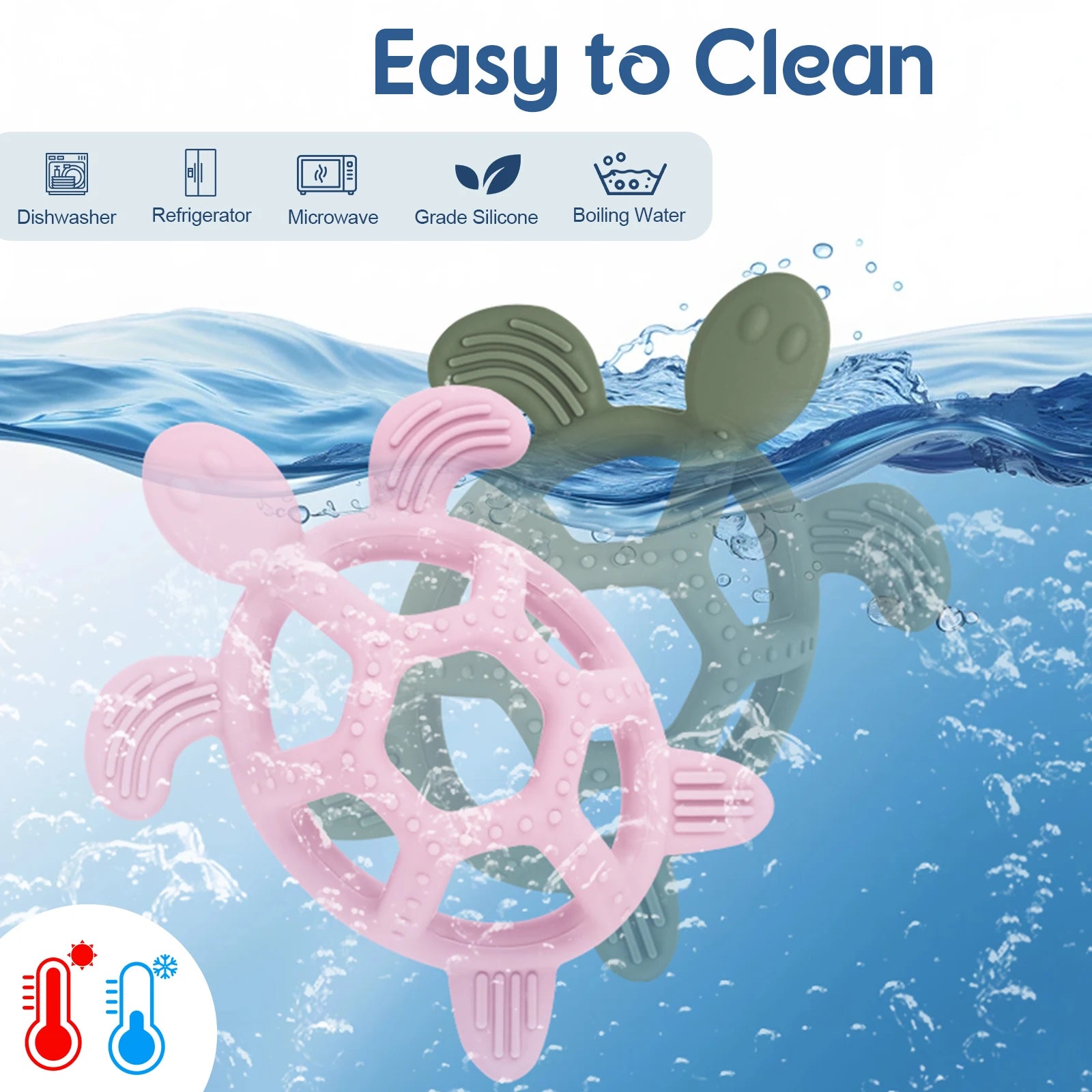 Pink and green silicone turtle teethers in water, highlighting easy cleaning.
