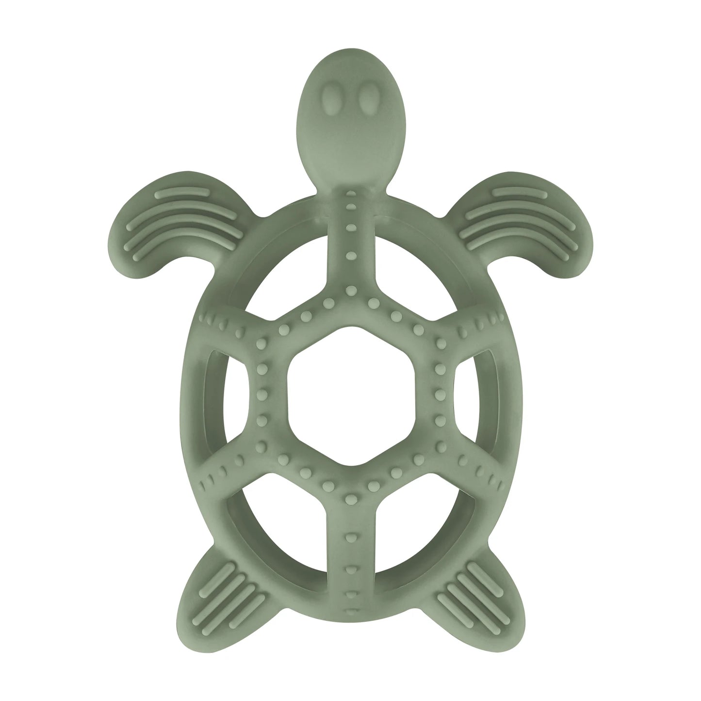 Green silicone turtle teether with textured surfaces for soothing baby's gums.