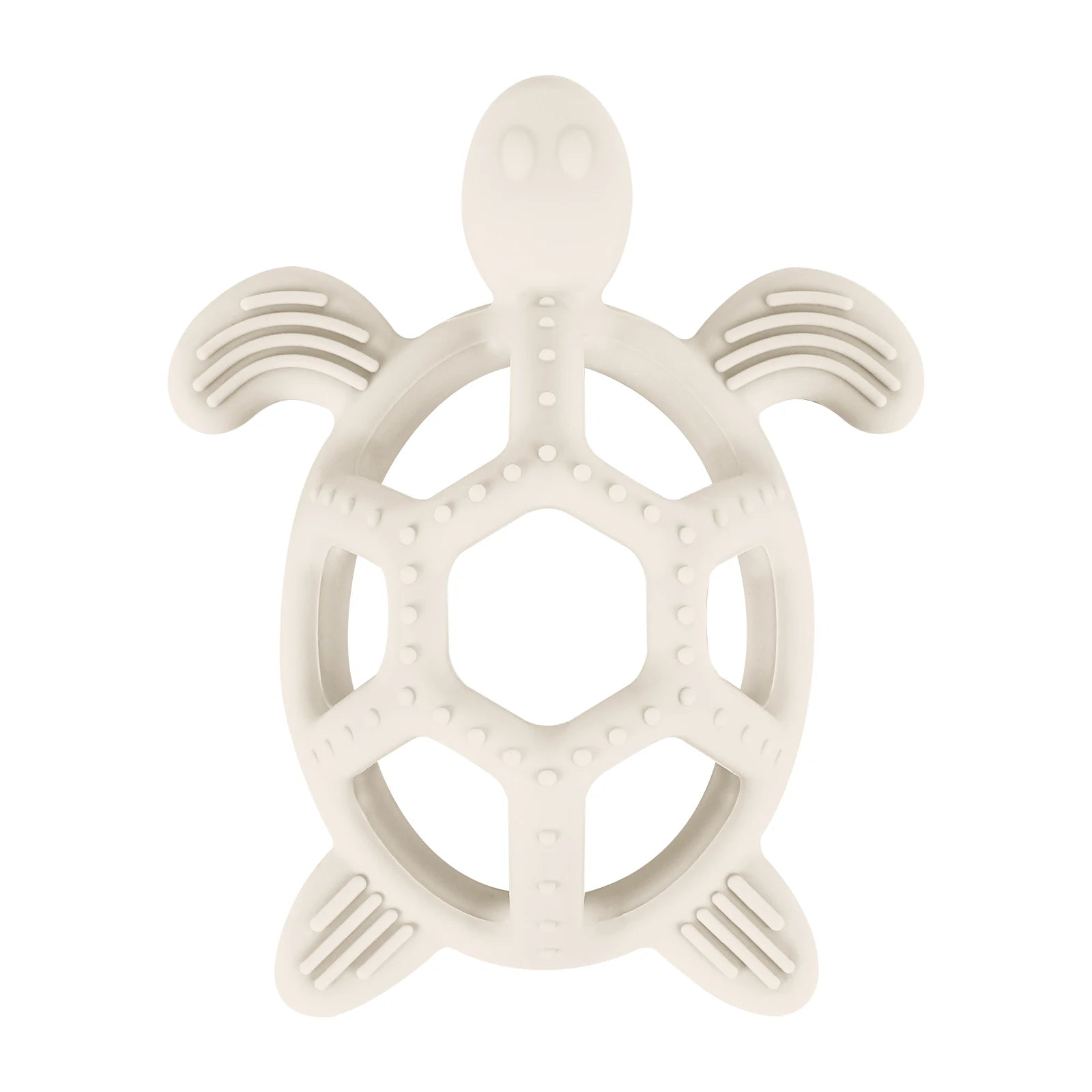 White silicone turtle baby teether with textured surfaces for soothing gums.