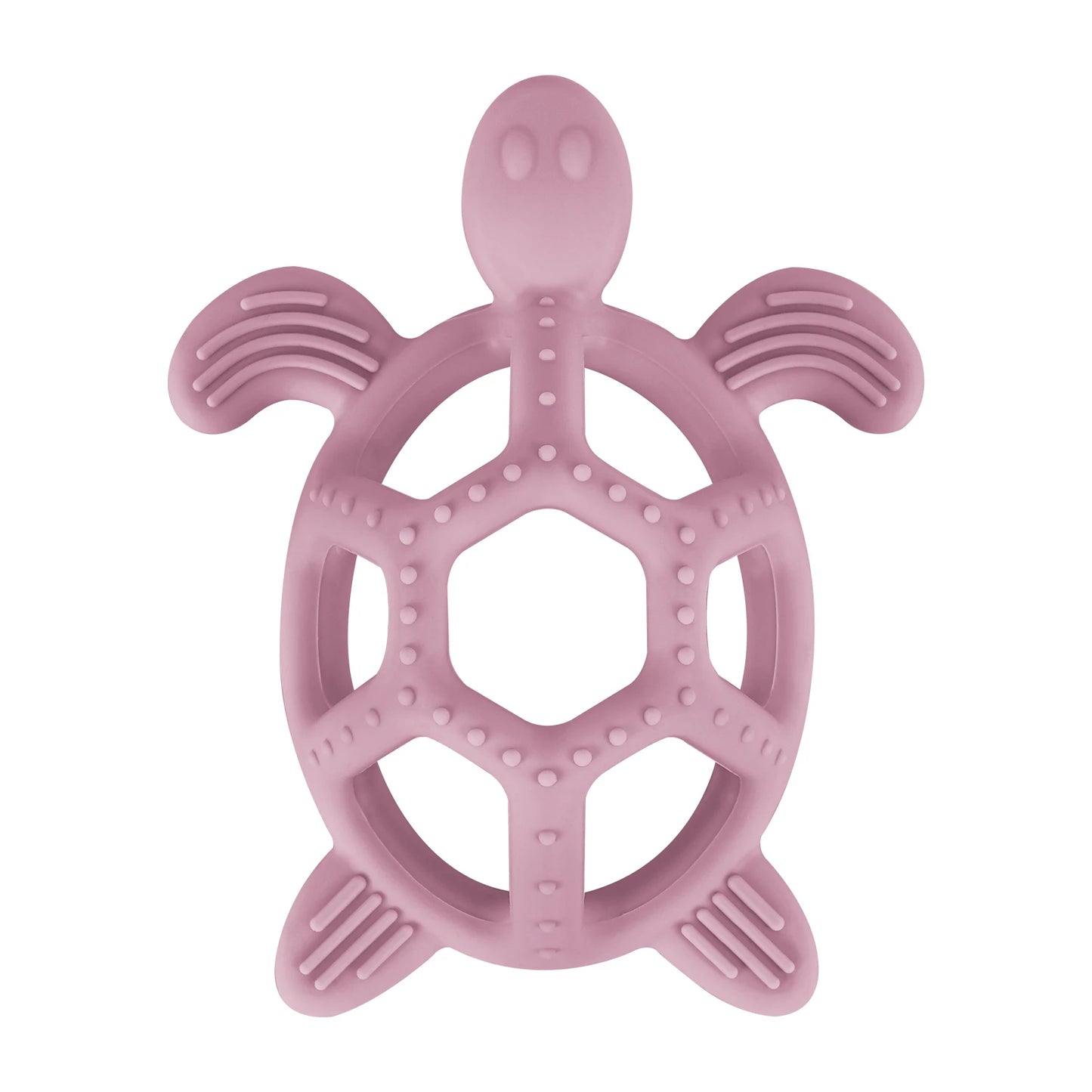 Pink silicone turtle teether with textured surfaces for soothing baby's gums.