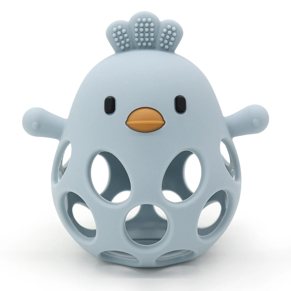 Light blue silicone chick baby teether with a hollow, easy-grip design and textured crown.