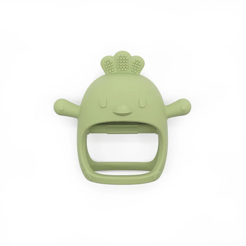 Soft green silicone chick baby teether with a hollow design for easy grip and soothing gums.