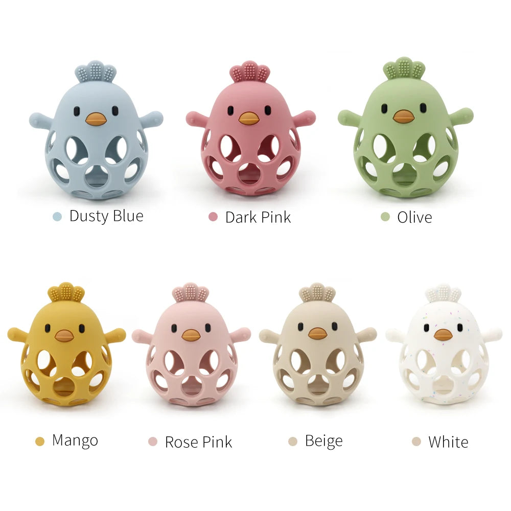 Seven colorful silicone chick teethers in dusty blue, dark pink, olive, mango, rose pink, beige, and white.