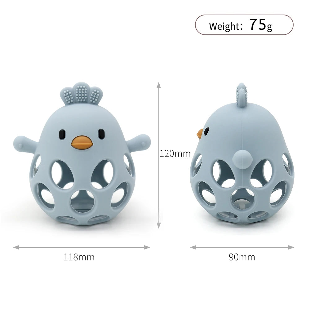 Light blue silicone chick baby teether with hollow design, showing front and side views with dimensions.