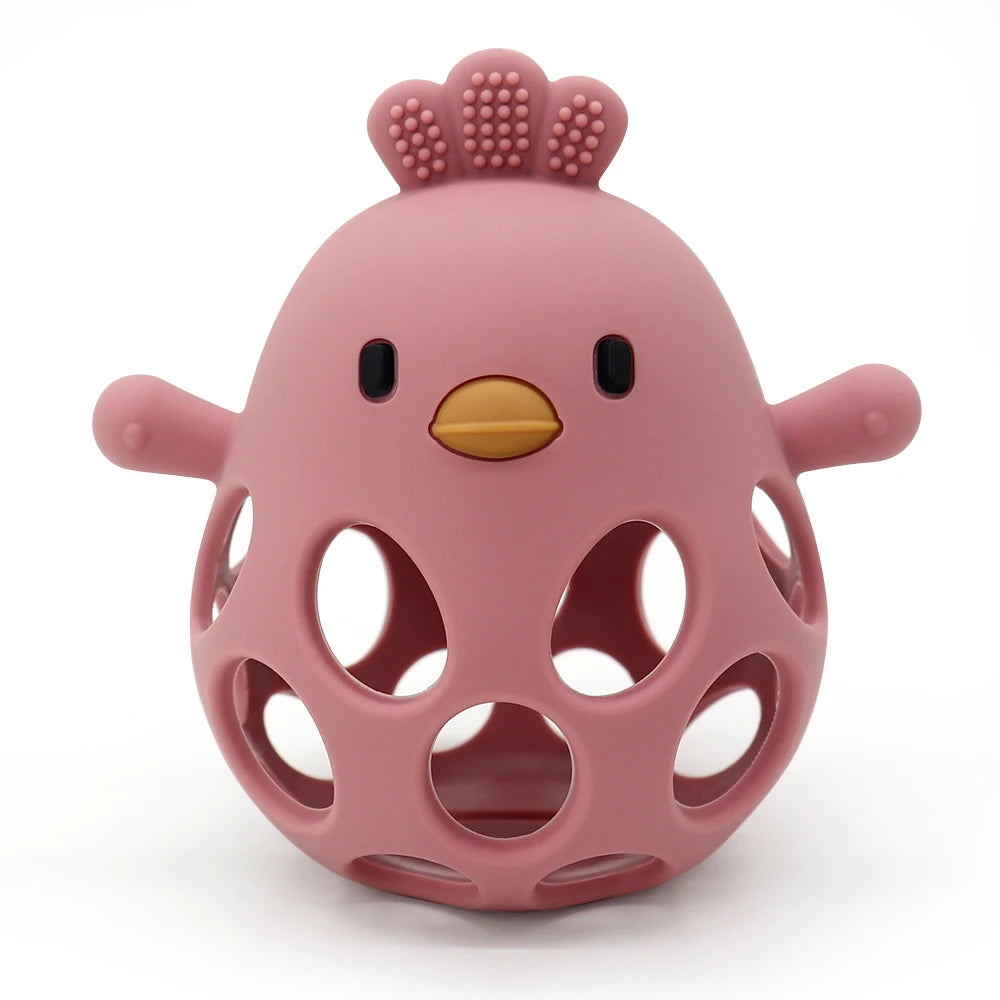 Pink silicone baby teether shaped like a hollow chick with textured comb and beak.