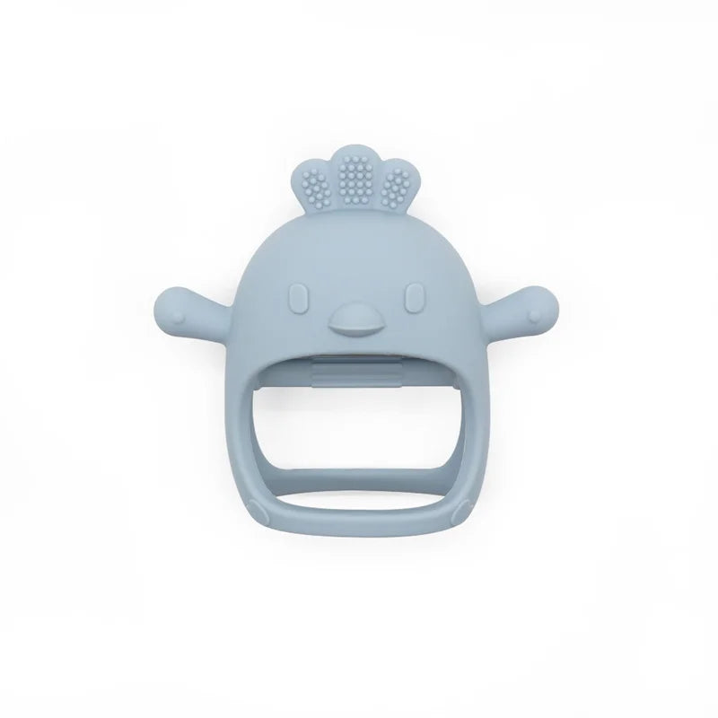Soft blue silicone chick baby teether with a hollow design for easy grip and textured crown.
