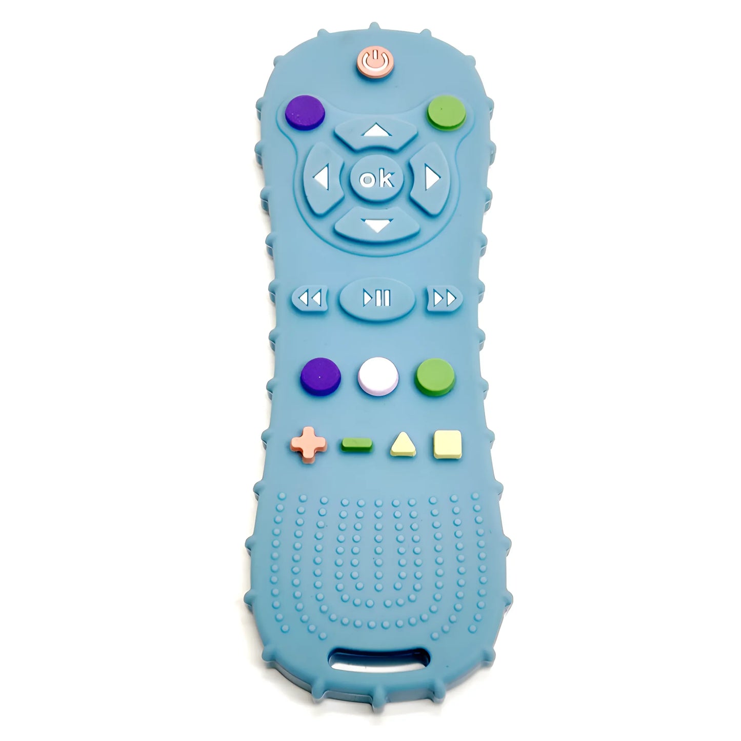 Blue silicone baby teether shaped like a remote control with colorful buttons and textured nubs.