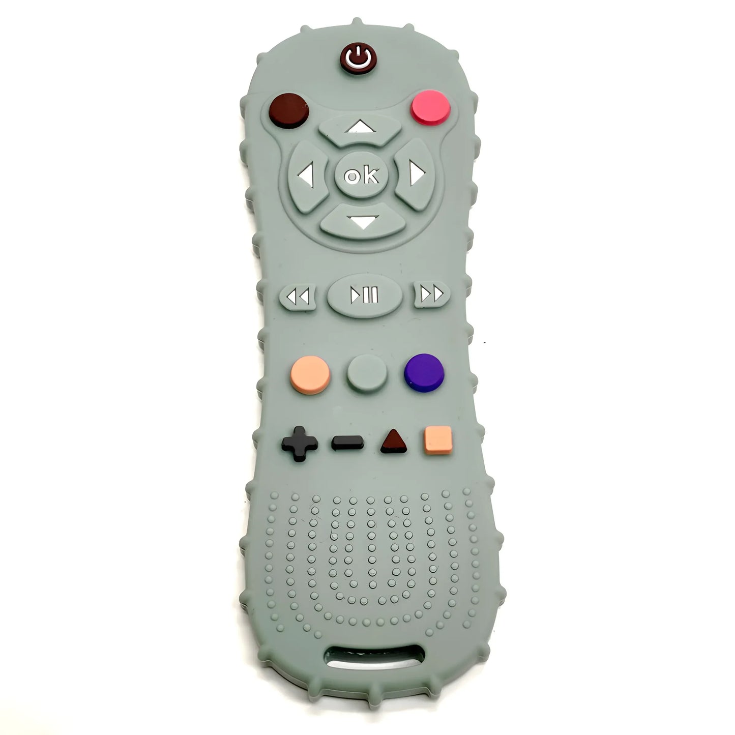 Gray silicone baby teether shaped like a remote control with colorful buttons and textured grip.