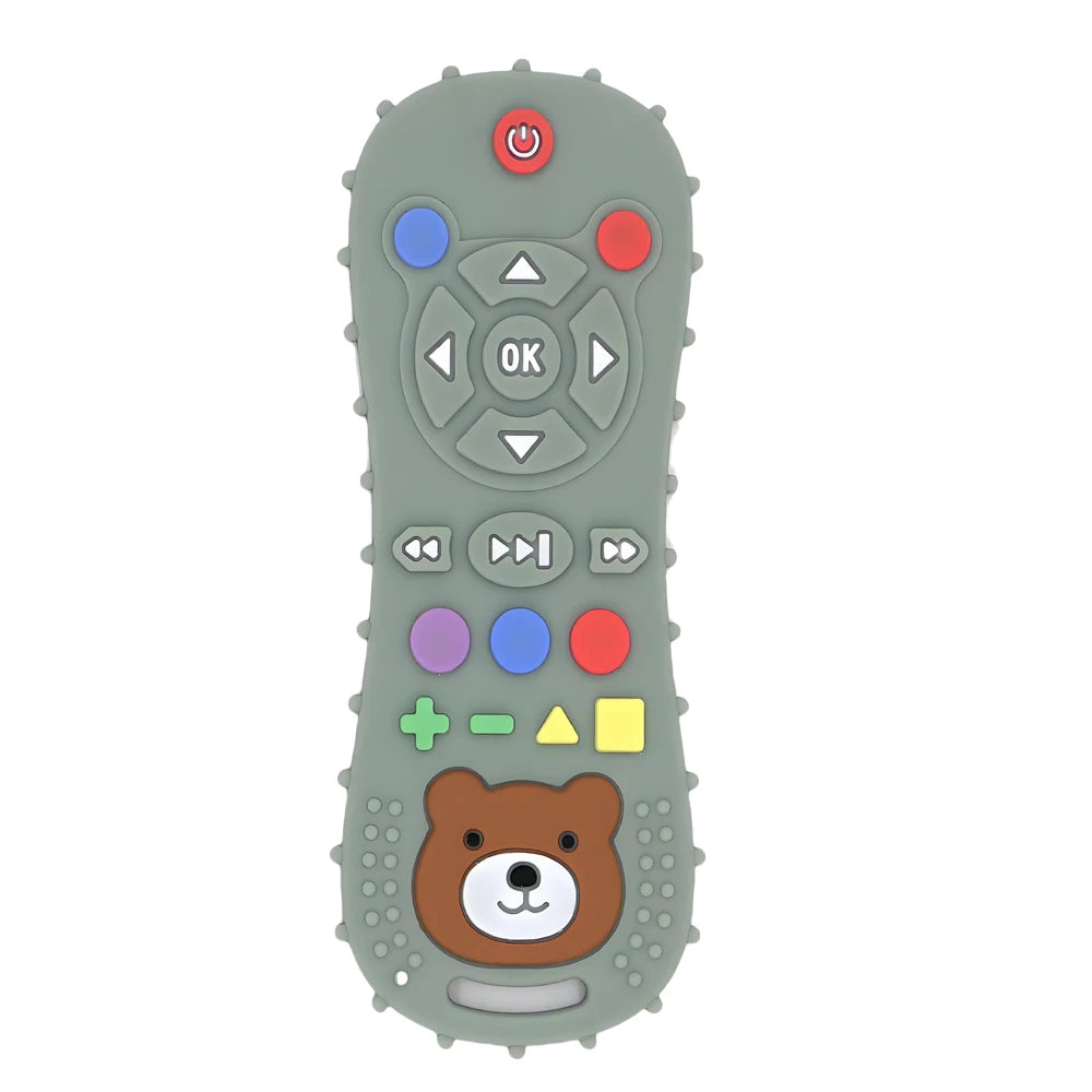 Gray silicone baby teether shaped like a remote control with colorful buttons and a brown bear face.