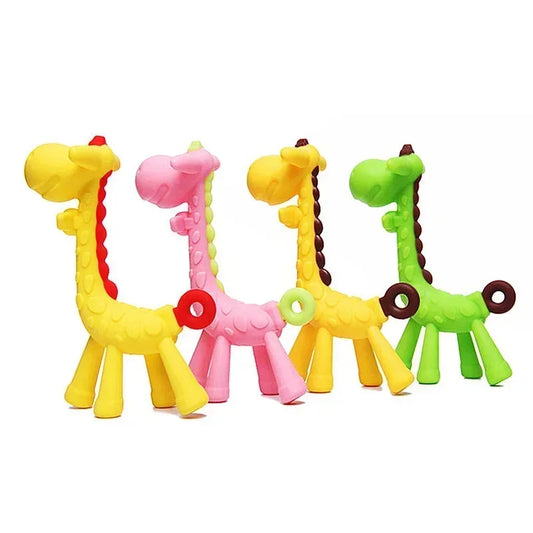 Four colorful silicone giraffe teethers in yellow, pink, and green, designed for babies.