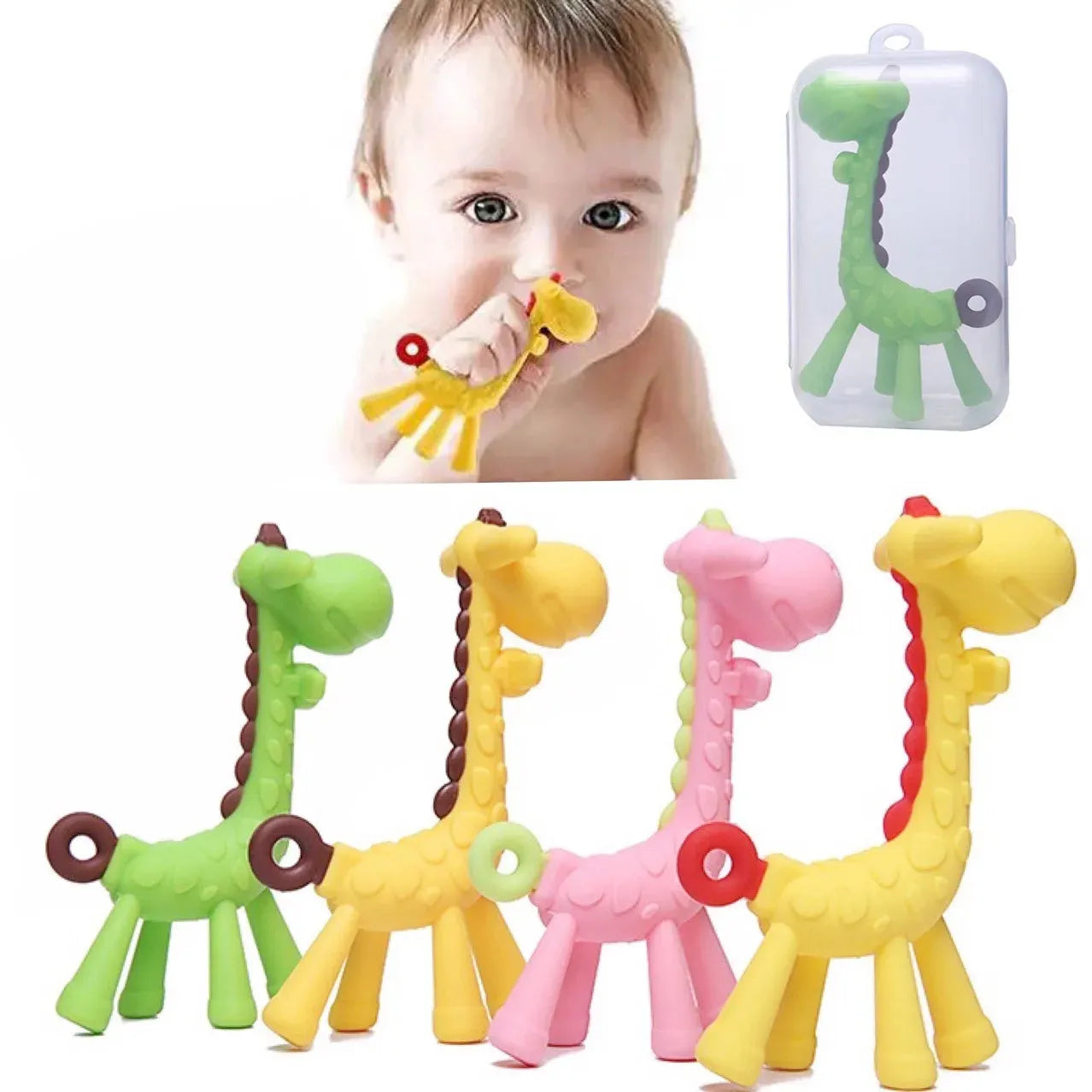 Baby chewing a yellow silicone giraffe teether, with green, yellow, pink, and red options shown.