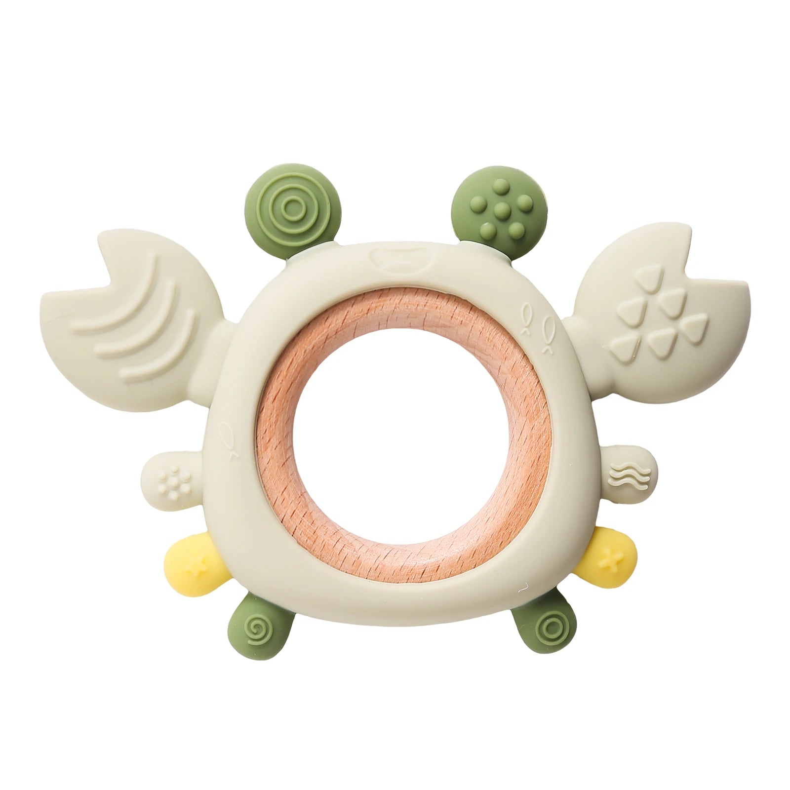 Green and beige silicone crab teether with a natural wood ring, textured claws and nubs.