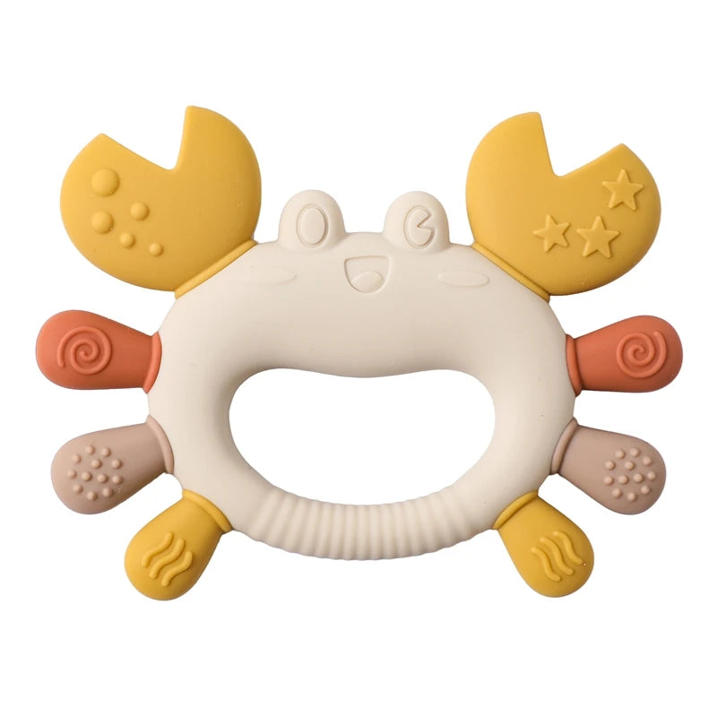 Colorful silicone crab baby teether with textured claws and legs for soothing gums.