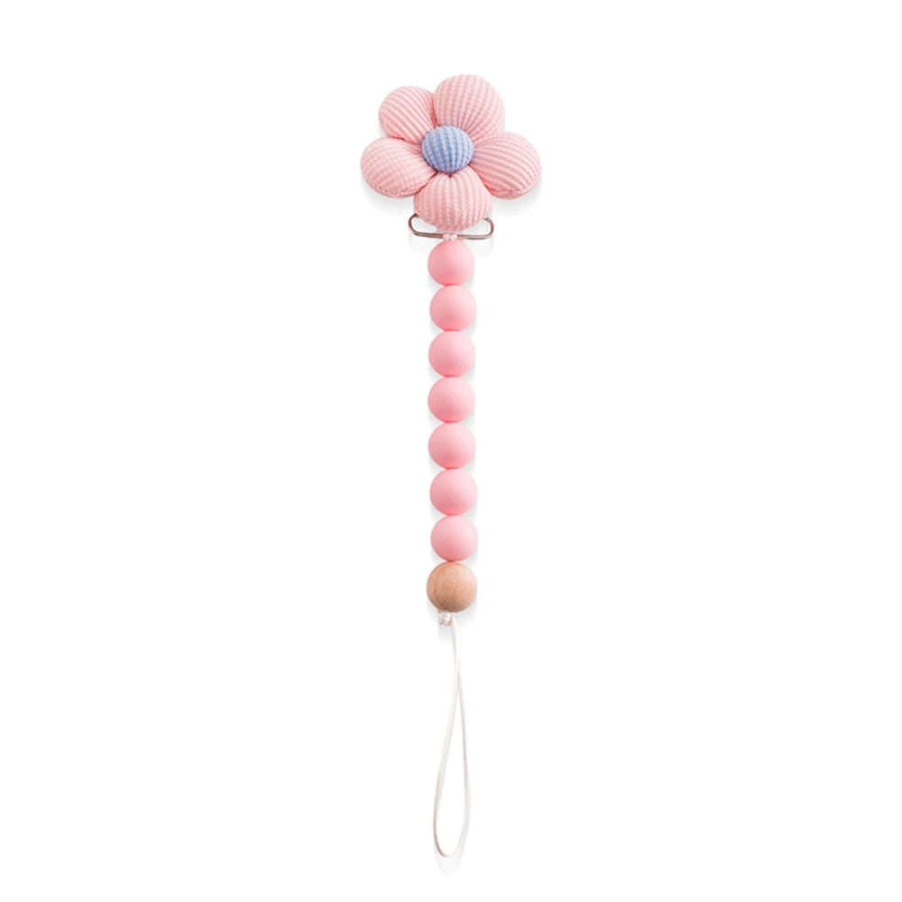 Pink silicone flower pacifier clip with beaded chain and wooden bead.