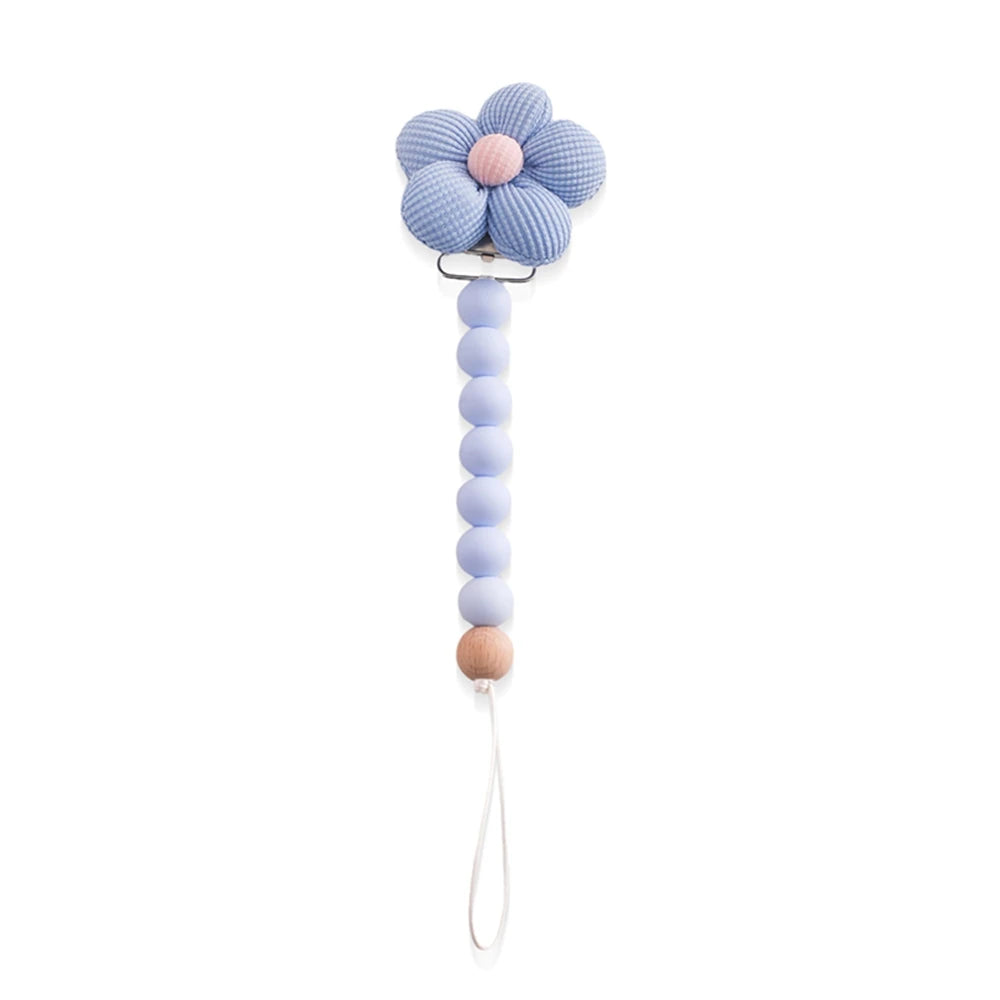 Blue flower silicone pacifier clip with round beads and a natural wood accent.
