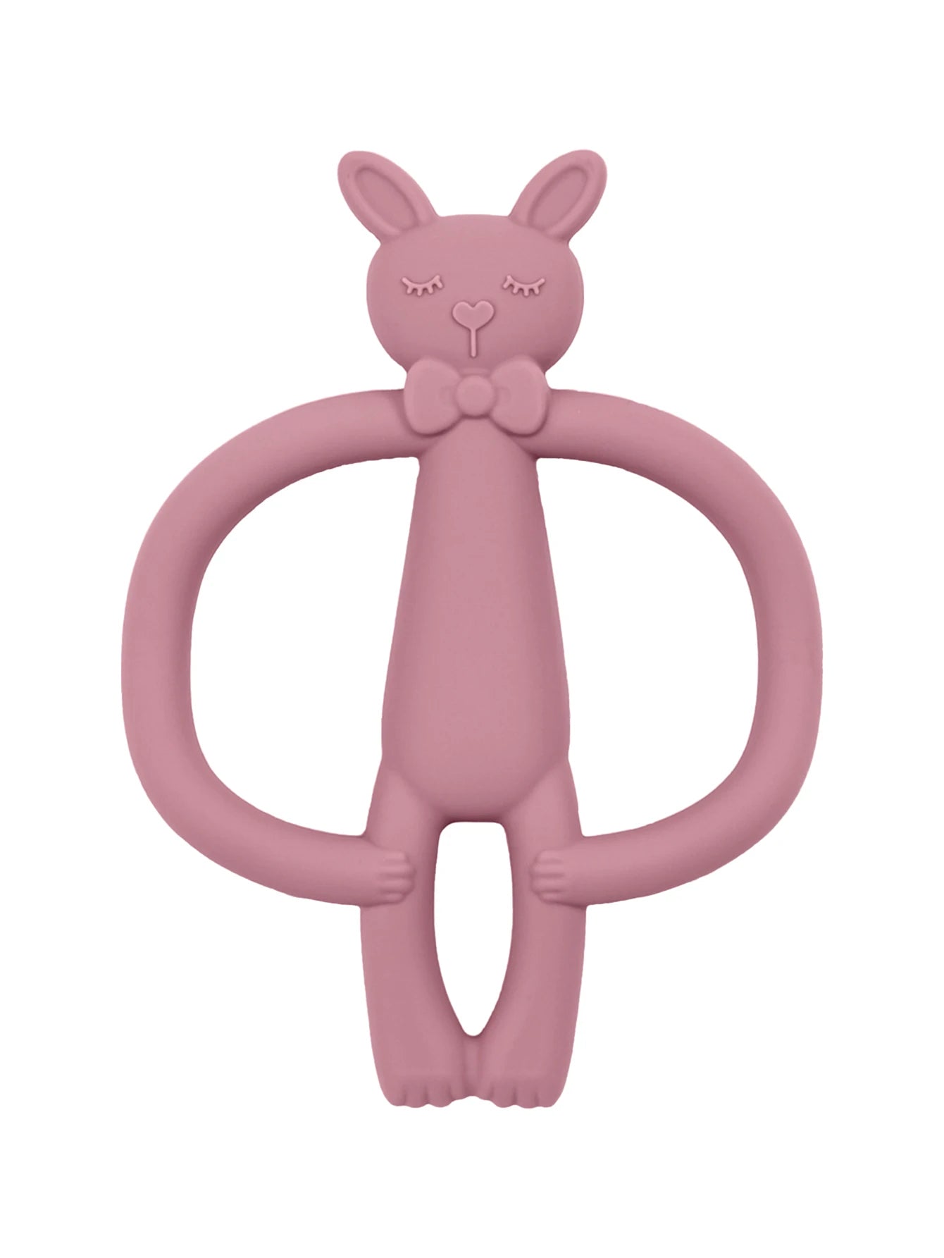 Soft pink silicone bunny teether with bow tie, ergonomic design for baby's grip.