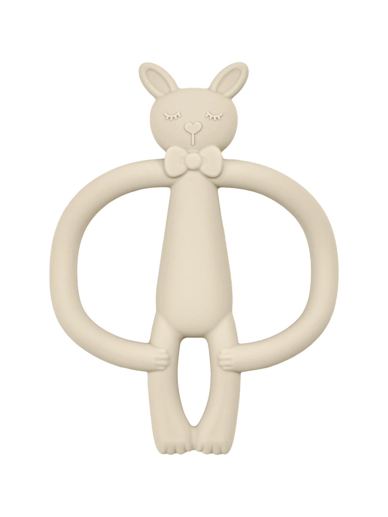 Soft beige silicone rabbit teether with a bow tie, designed for easy baby grip.