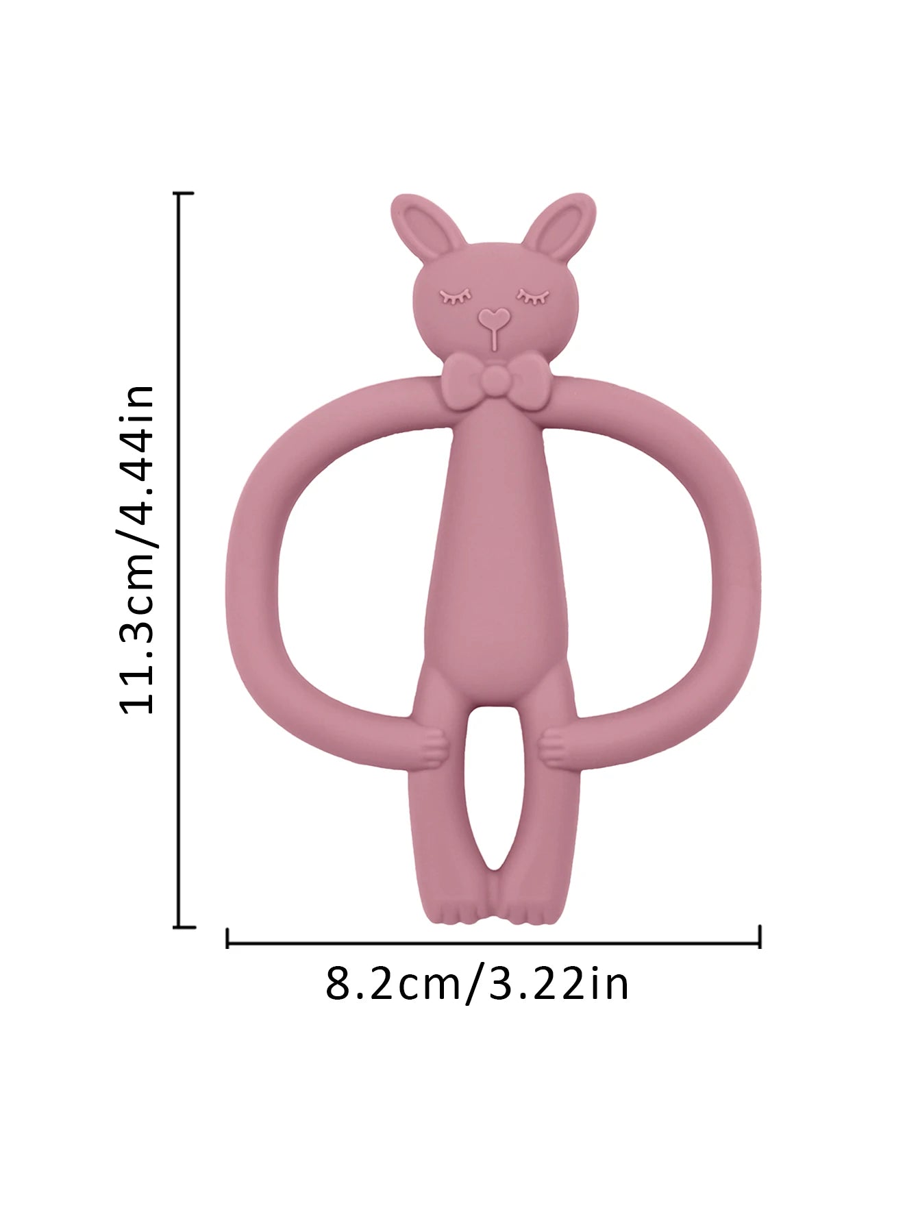 Pink silicone rabbit baby teether, 11.3cm tall, with easy-grip design for soothing gums.