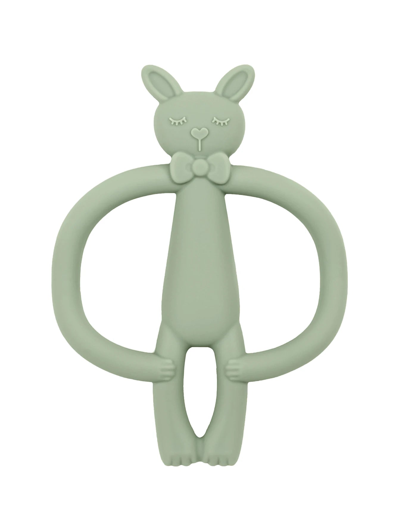 Soft sage green silicone rabbit teether with a bow tie, designed for easy baby grip.