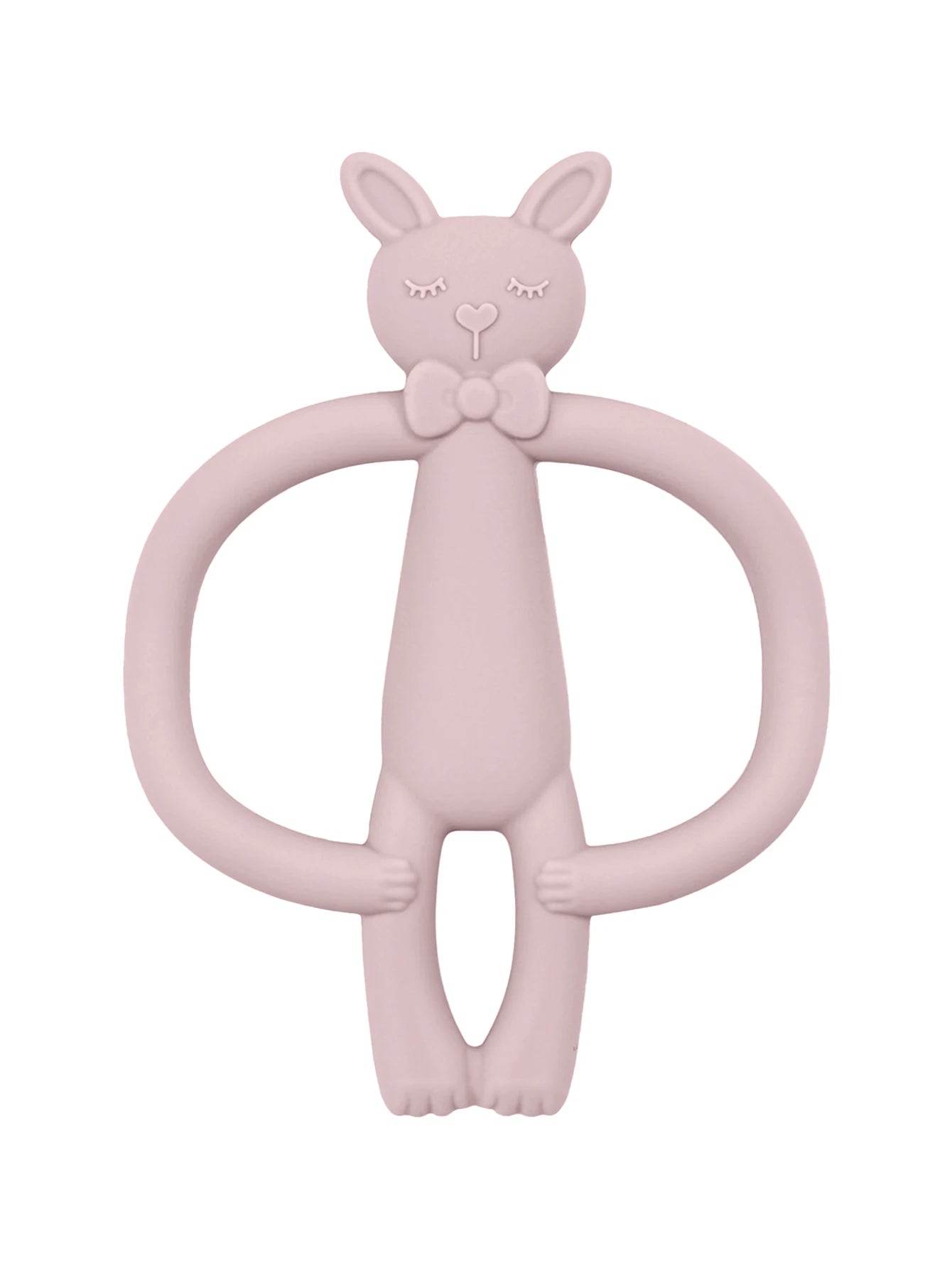Soft pink silicone bunny baby teether with long arms for easy grip.