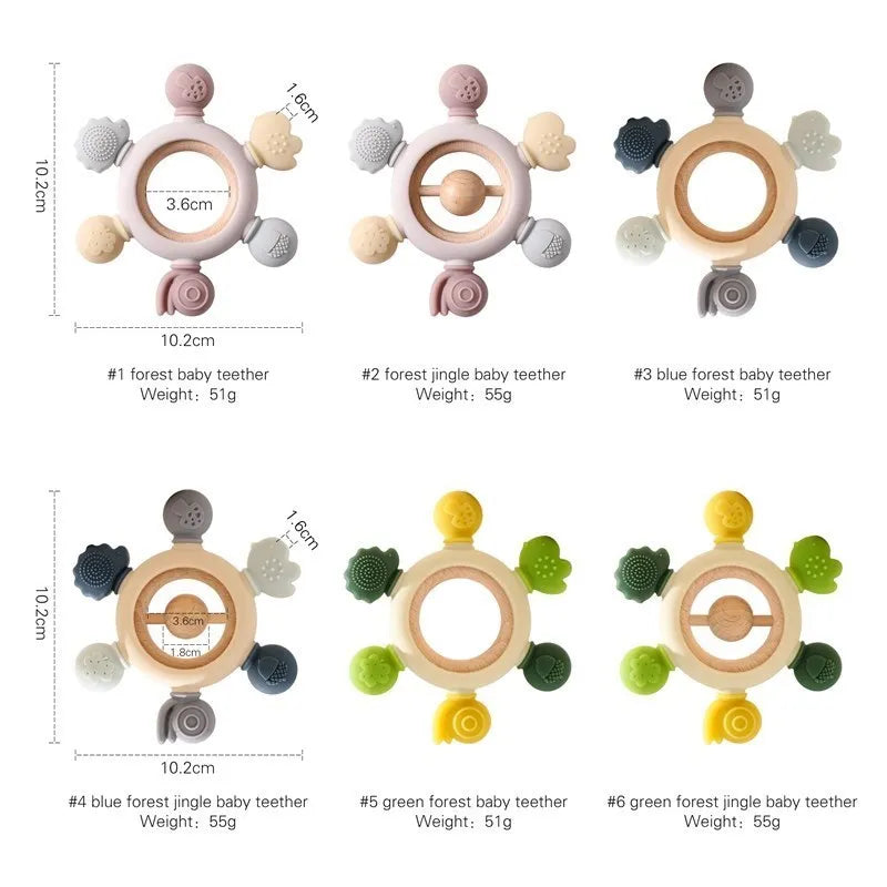 Six silicone and wood forest-themed baby teethers in various pastel colors, including pink, blue, and green.