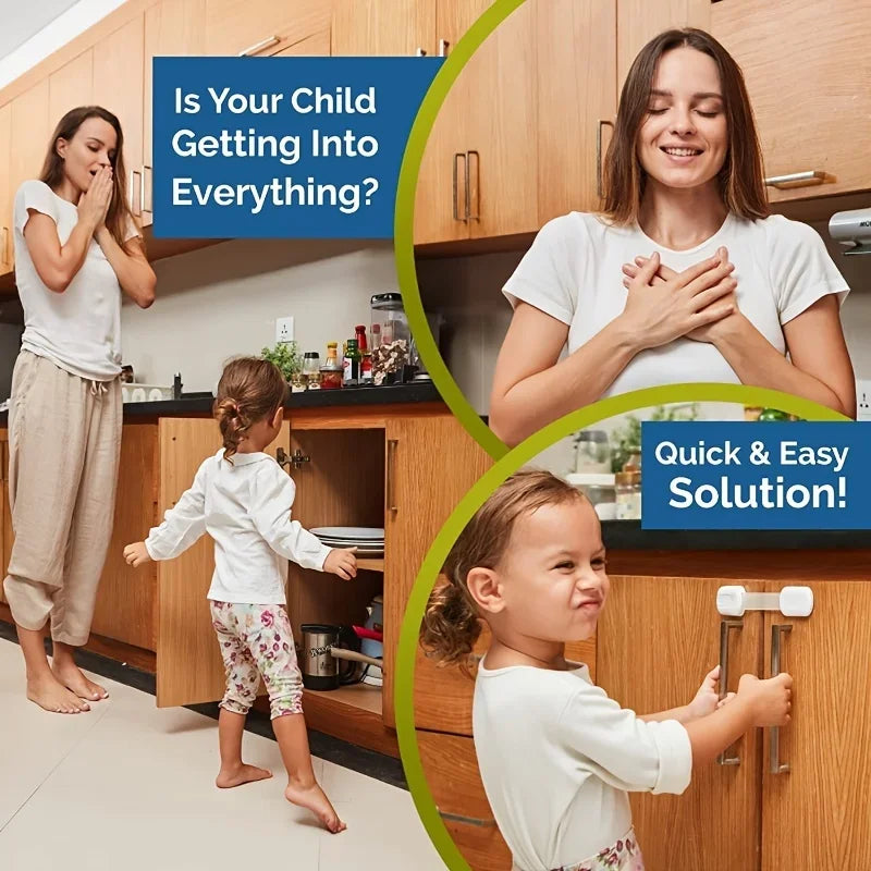 White child safety cabinet lock securing light wood kitchen cabinets, with a child and relieved mother.