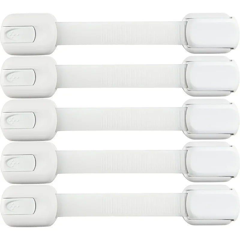 Five white plastic child safety locks for cabinets and drawers, drill-free installation.