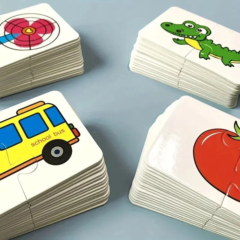 White cardboard educational matching puzzle for kids with colorful images of a target, alligator, school bus, and tomato.