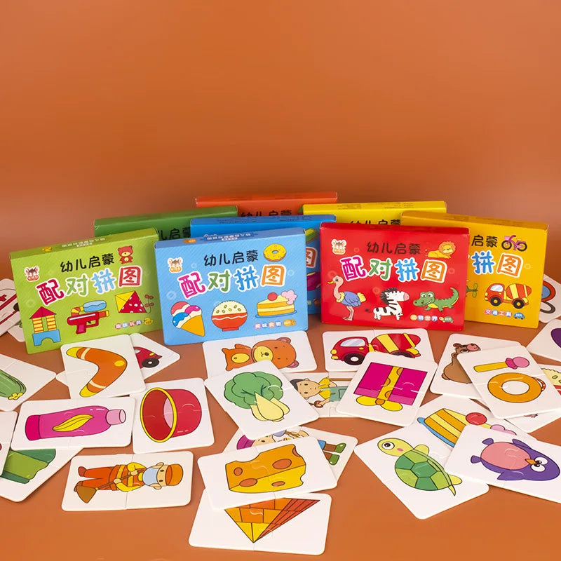 Colorful educational matching card puzzles for kids, featuring various objects, animals, and vehicles.