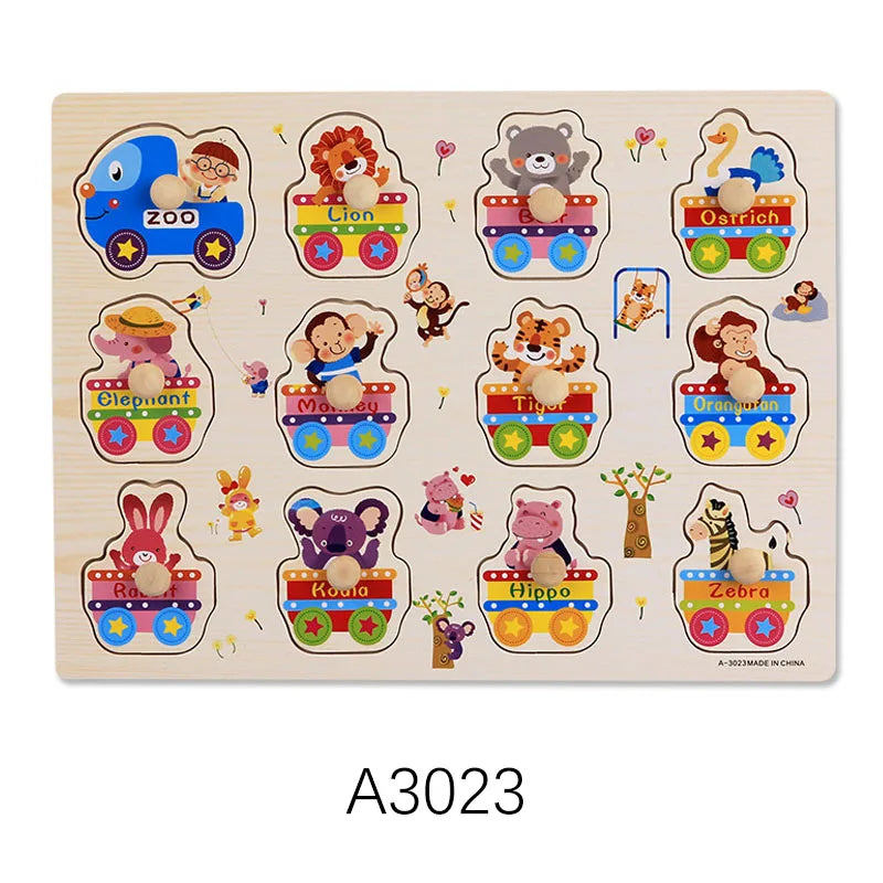 Wooden Montessori puzzle with colorful animal train shapes for kids.