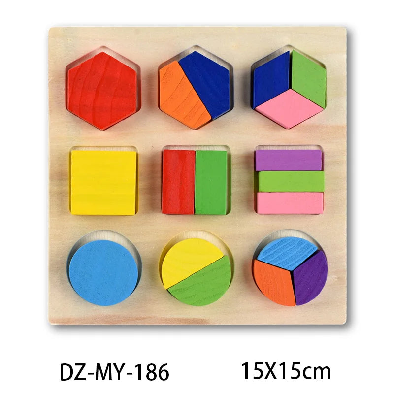 Wooden Montessori puzzle with colorful geometric shapes: hexagons, squares, and circles.