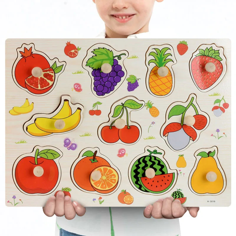 Wooden Montessori fruit puzzle with colorful pieces and knobs, held by a child.