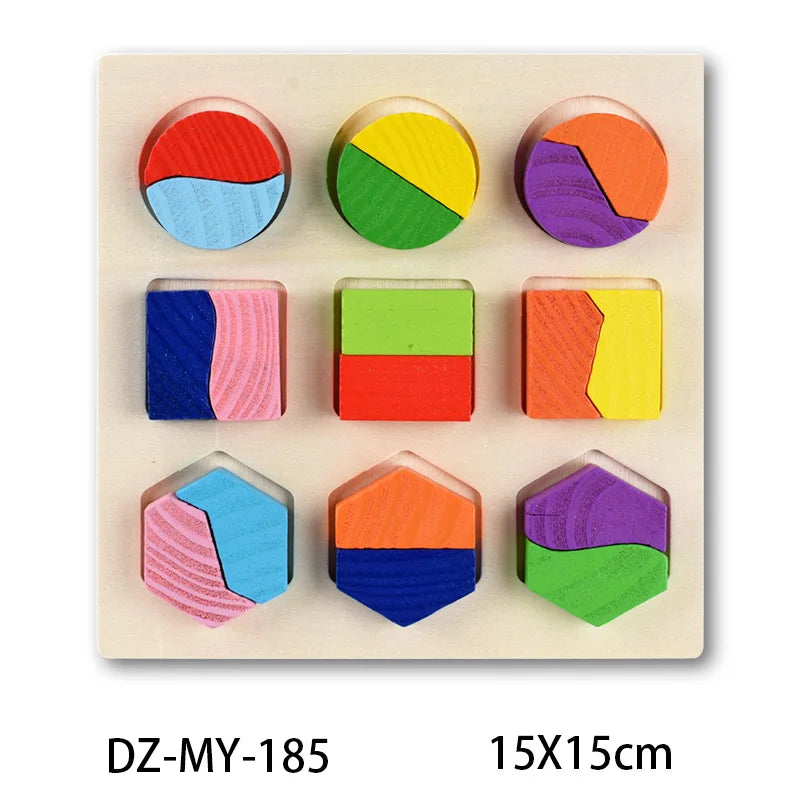 Wooden Montessori puzzle with colorful geometric shapes: circles, squares, and hexagons.