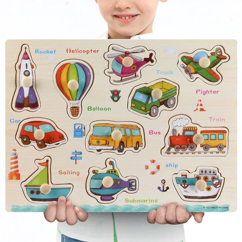 Wooden Montessori puzzle with colorful vehicle and transport shapes.