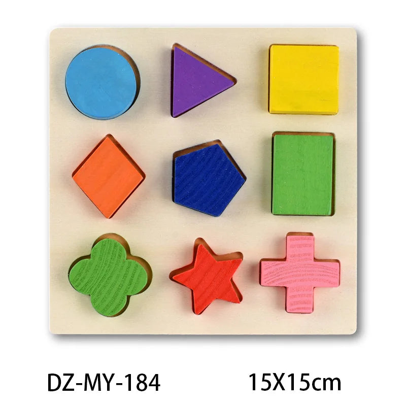 Wooden Montessori puzzle with nine colorful geometric shapes: circle, triangle, square, rhombus, pentagon, rectangle, clover, star, and cross.